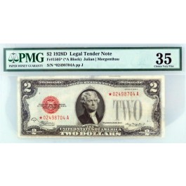 Series of 1928 D STAR NOTE $2 Legal Tender Red Seal Fr#1505* (*A Block) Ch VF35 PMG