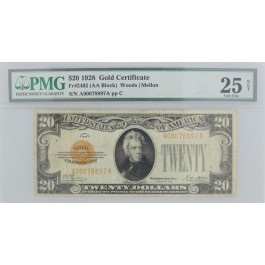 Series of 1928 $20 Gold Certificate Fr#2402 (AA Block) VF 25 NET PMG
