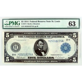 Series of 1914 $5 Federal Reserve Note St. Louis Fr#874 Ch UNC 63 PMG