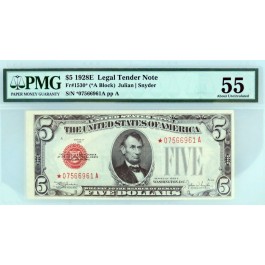 Series of 1928 E STAR NOTE $5 Legal Tender Red Seal Fr#1530* (*A Block) AU55 PMG