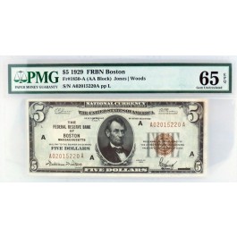 Series of 1929 $5 Federal Reserve Note Boston Fr#1850-A Gem UNC 65 EPQ PMG