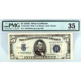 Series of 1934 D STAR NOTE $5 Silver Certificate Fr#1654Wi* Wide I Ch VF35 PMG