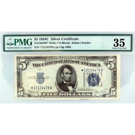 Series of 1934 C STAR NOTE $5 Silver Certificate Fr#1653W* Wide Ch VF35 PMG