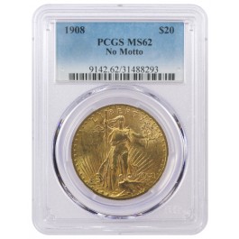 1908 No Motto $20 St Gaudens Double Eagle PCGS MS62