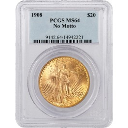 1908 No Motto $20 St Gaudens Double Eagle Gold PCGS MS64 Uncirculated Coin