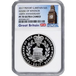 2017 £5 Proof .925 Fine Silver Piedfort Great Britain House Of Windsor 100th Anni. NGC PF70