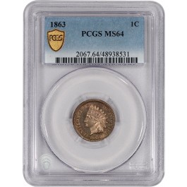 1863 1C Copper Nickel Indian Head Cent PCGS Secure Gold Shield MS64 Coin #531