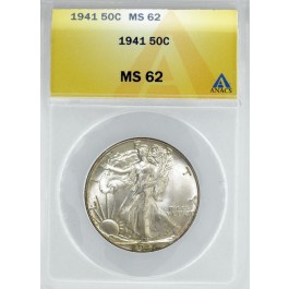 1941 50C Walking Liberty Silver Half Dollar ANACS MS62