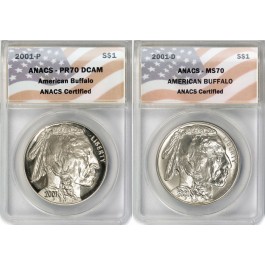 2001 P & D $1 American Buffalo Commemorative Silver Dollar ANACS MS70 PR70 DCAM