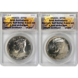 Set Of 2 2014 P & D 50C Proof Kennedy High Relief Clad Half Dollar ANACS SP69 FS