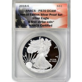 2018 S $1 1 oz Proof Silver American Eagle ANACS PR70 DCAM FS Flag Label