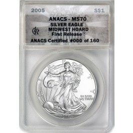 2005 (W) $1 1 oz Silver American Eagle ANACS MS70 Midwest Hoard First Release