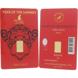 1 Gram Gold Bullion Exchanges "2016 YEAR OF THE MONKEY" IGR Gold Bar (In Assay)
