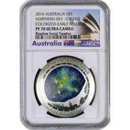 2016 $5 AUD 1 oz .999 Fine Silver Australian Northern Sky Cygnus NGC PF70 UC ER