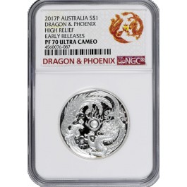 2017 P $1 AUD Proof 1 oz .999 Fine Silver Dragon & Phoenix High Relief  NGC PF70 UC ER