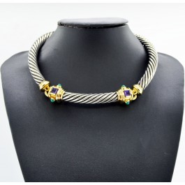 David Yurman Gold Silver Green Onyx Amethyst Renaissance Choker Necklace 10mm  