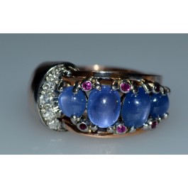 Retro 14k Rose Gold Ceylon Corn Flower Star Sapphire Cabochon Diamond Ruby Ring