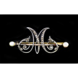 Victorian 18k Gold Silver Top .25tcw Rose Cut Diamond Pearl Letter M Brooch Pin