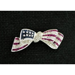 Samuel Benham BJC 14k WG 1.75 tcw Diamond Ruby Sapphire American Flag Bow Brooch