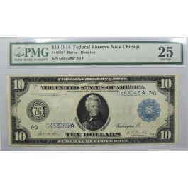 Series Of 1914 $10 Large Size Federal Reserve Star Note Chicago Fr#930* PMG VF25