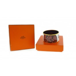 HERMES Cloisonne 35mm Gold Tone Multicolor Enamel Wide Bangle Bracelet With Box