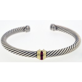 David Yurman Cable Classic 14k Gold Sterling Silver Ruby Station 5mm Cuff 6.75"