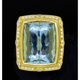 Sam Lehr Matte 18k Yellow Gold 42.9ct Aquamarine Diamond Cocktail Ring Size 7