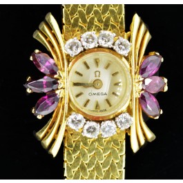 Vintage Omega Back Wind 18k Yellow Gold Diamond Ruby Egyptian Revival Watch
