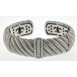 Judith Ripka 925 Sterling Silver Diamonique Textured Hinged Cuff Bracelet 6.75"