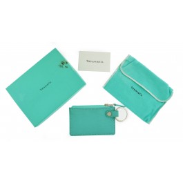 Tiffany & Co Blue Leather Silver Tone Zip Wallet Card Case W/ Key Ring Box Pouch