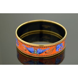 HERMES Cloisonne 18mm Gold Tone Enamel Feather Headdress Motif Bangle Bracelet