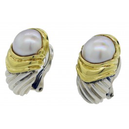 Vintage David Yurman Capri 14k Gold Sterling Silver Mabe Pearl Omega Earrings