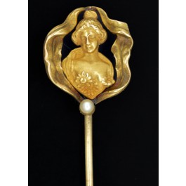 Antique Art Nouveau 14k Yellow Gold Figural Bust Seed Pearl Hat Stick Pin 