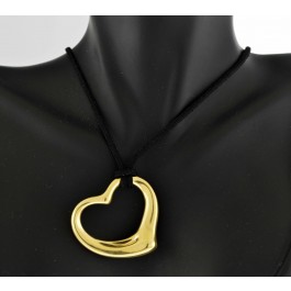 Tiffany & Co Elsa Peretti 18k Gold 36mm Open Heart Black Silk Cord Necklace 16"
