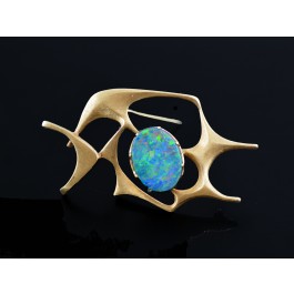 Vintage Signed Ed Wiener Brutalist Modernist 14k Yellow Gold Opal Triplet Brooch