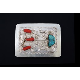 Vintage Navajo Charlene Yazzie 925 Sterling Silver Coral Turquoise Belt Buckle