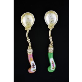 Pair Antique Dresden Germany 800 Silver Green Pink Enamel Hand Painted Spoons 4"