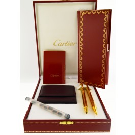 Cartier Must II Gold Tone Ballpoint Pen Pencil Leather Wallet Set Box Papers 