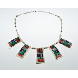 Native American Navajo Teme Sterling Silver Multistone Inlay Necklace