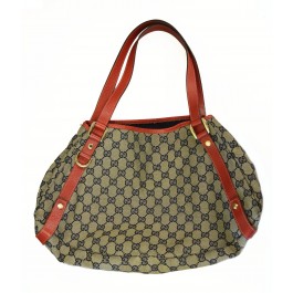 GUCCI GG Logo Monogram Medium Black Canvas Red Leather Tote Bag 130736