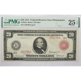 Series 1914 $20 Federal Reserve Note Philadelphia Red Seal Fr#954a PMG VF25 EPQ