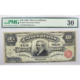 1886 $10 Silver Certificate Tombstone Fr#292 PMG VF30 Minor Repair, Trimmed