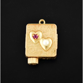 Vintage Colibri 14k Yellow Gold Pearl Ruby Heart Music Box Pendant For Necklace