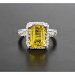 18k White Gold 4.07ct Emerald Cut Yellow Sapphire .74 tcw Diamond Halo Ring 6.75