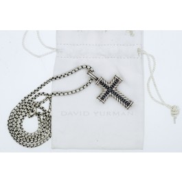 David Yurman Black Diamond Chevron Cross Box Chain Sterling Silver Necklace 24"