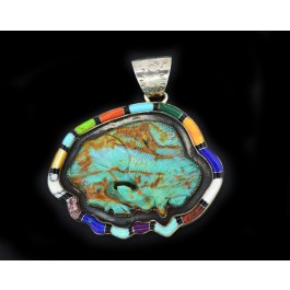 Raymond Gasper Zuni Sterling Silver Carved Buffalo Turquoise Multi Stone Pendant