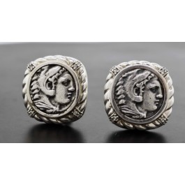 Judith Ripka Sterling Silver Greek Coin Diamonique Textured Rope Omega Earrings