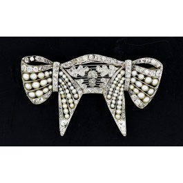 Art Deco Platinum Gold 3 tcw Diamond Old Miner Rose Cut Seed Pearl Bow Brooch