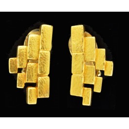 Illias Lalaounis Greece Signed 18k Yellow Gold Brick Clip On Earrings