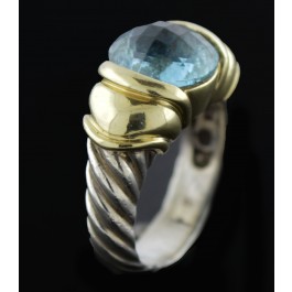 Vintage David Yurman 14k Gold Sterling Silver Blue Topaz Capri Cable Ring Sz 5.5